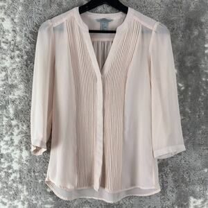 H&M Size 4 Fairy Semi Sheer Pleated Button Top Pink 3/4 Sleeve V Neck